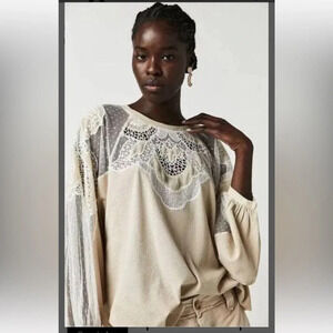 Free People Toni Top Embroidered Lace Long Sleeve Knit in Morning Oat Si…